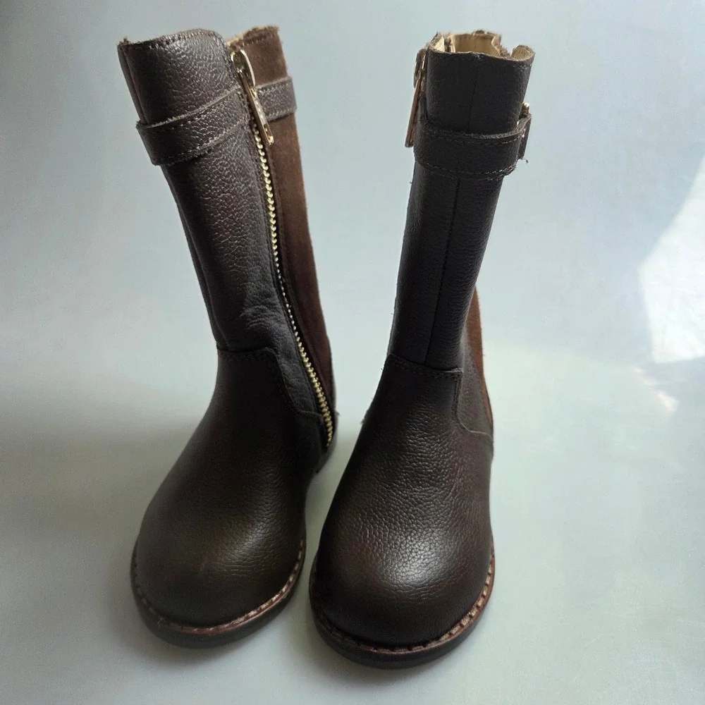 Kids Brown Tall Winter Boots with Gold Accent